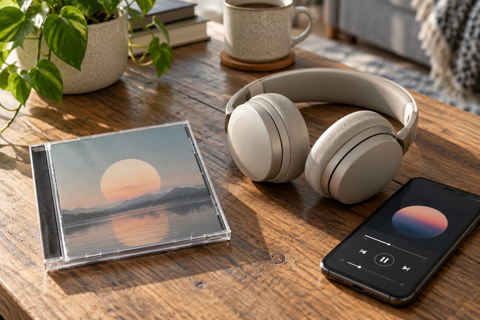 CD, Kopfhörer und Smartphone auf einem Holztisch