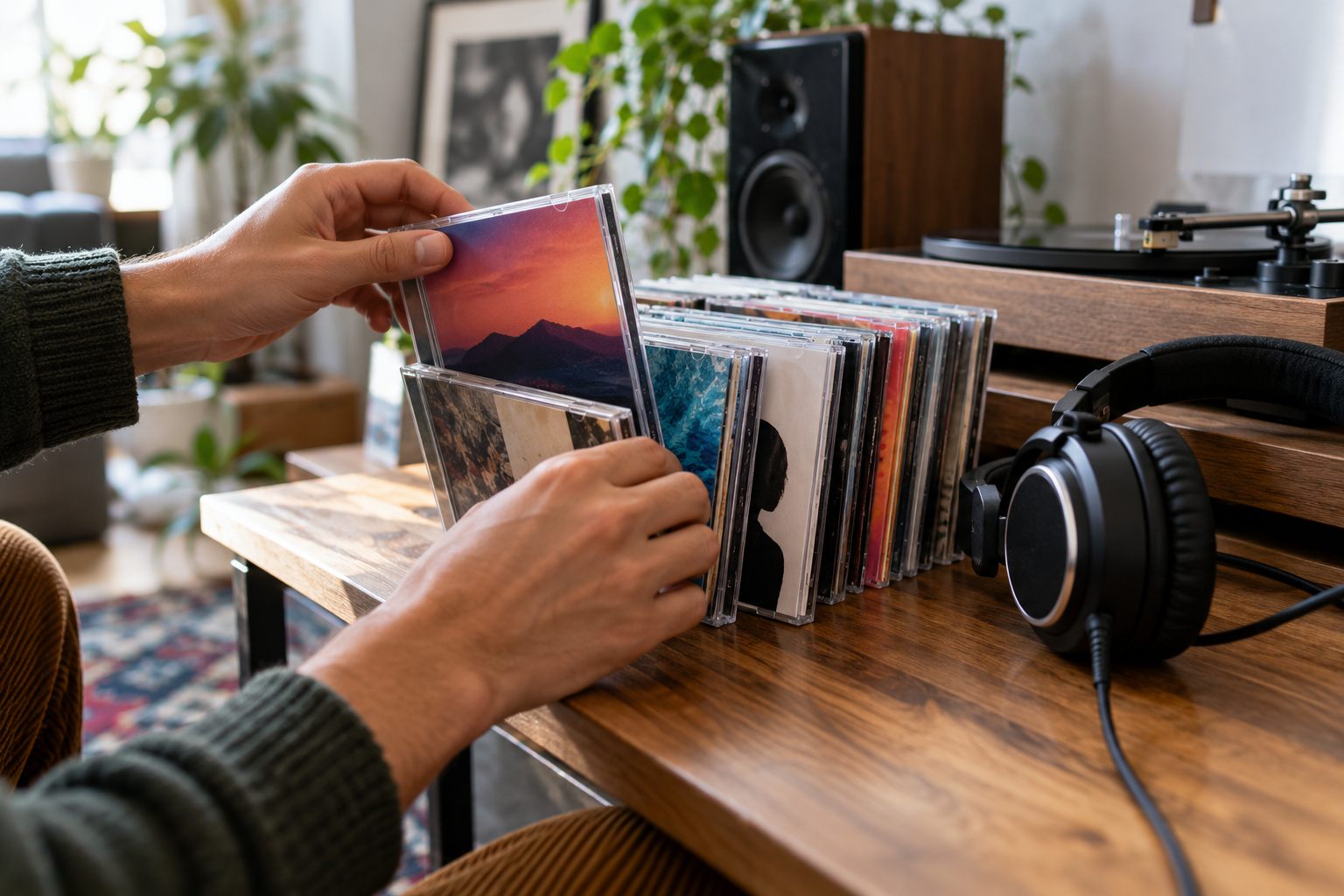 CD-Sammlung und Kopfhörer beim Stöbern