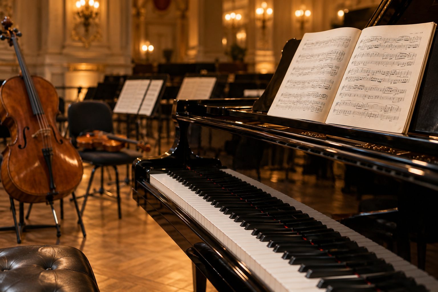 Klavier und Noten in einem Konzertsaal