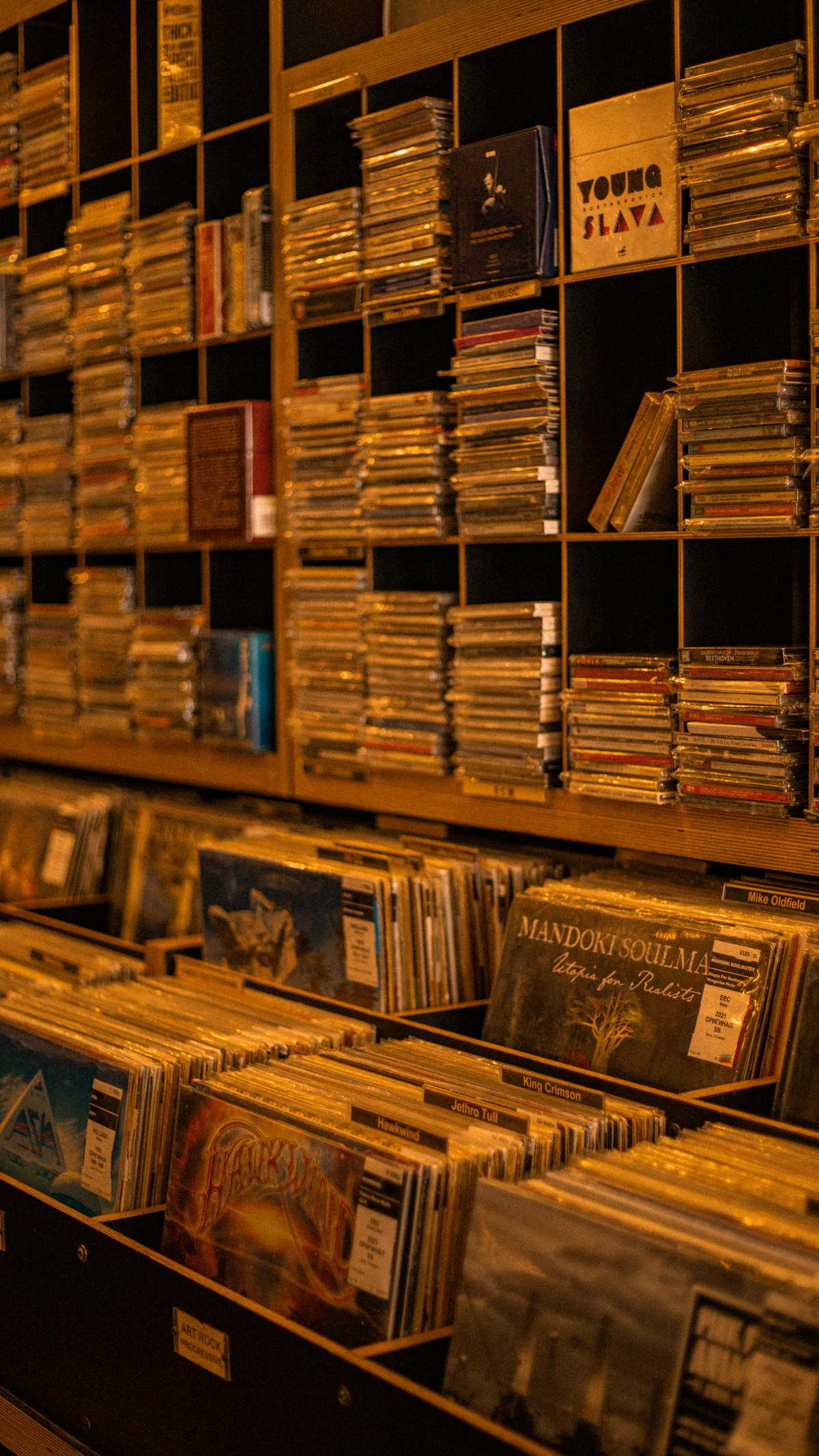 Reihen sorgfältig sortierter Musik-CDs